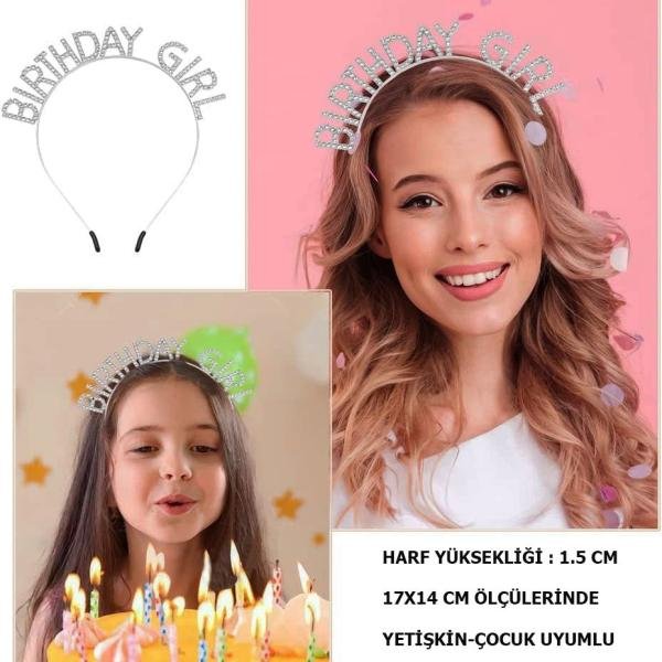 Kristal Taşlı Gümüş Birthday Girl Yazılı Doğum Günü Parti Tacı 19x11 Cm