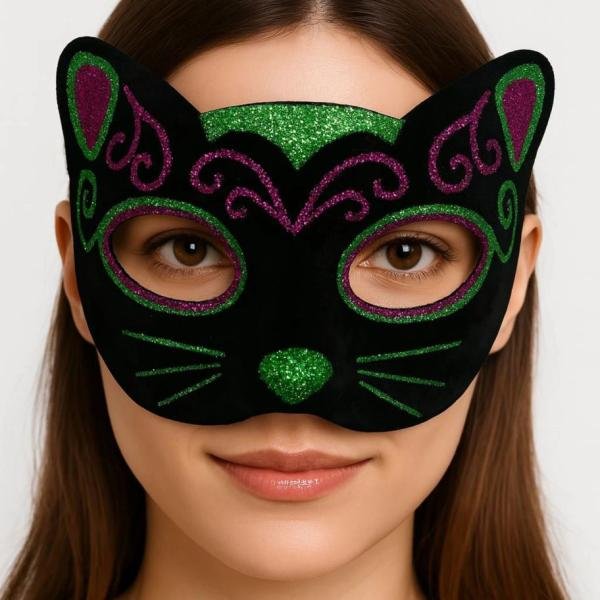 Siyah Kadife Kaplama Üzeri Pembe Yeşil Sim İşlemeli Kedi Maskesi 20x13 Cm