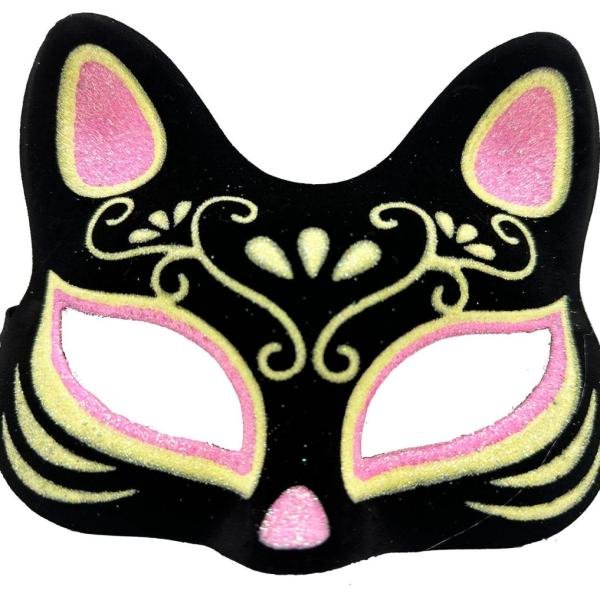 Siyah Renk Süet Kaplama Üzeri Pembe Sarı Simli Kedi Maskesi 17x14 Cm