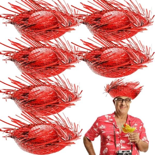 Tropikal Parti Kırmızı Hasır Hawaii Şapkası 13x36 Cm