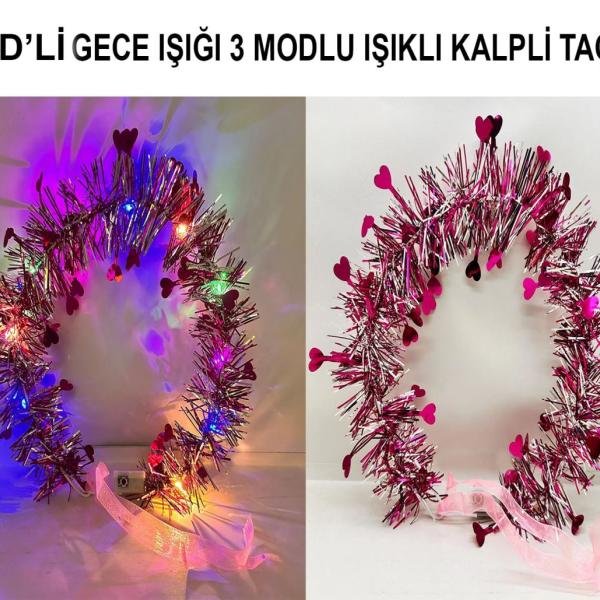 Kalp Püsküllü Gece Parıltısı 3 Modlu Led39li Işıklı Taç Fuşya Renk