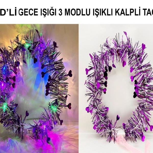Kalp Püsküllü Gece Parıltısı 3 Modlu Led39li Işıklı Taç Mor Renk