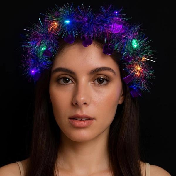 Kalp Püsküllü Gece Parıltısı 3 Modlu Led39li Işıklı Taç Mor Renk