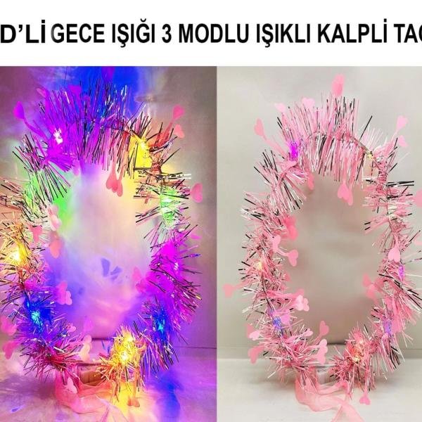 Kalp Püsküllü Gece Parıltısı 3 Modlu Led39li Işıklı Taç Pembe Renk