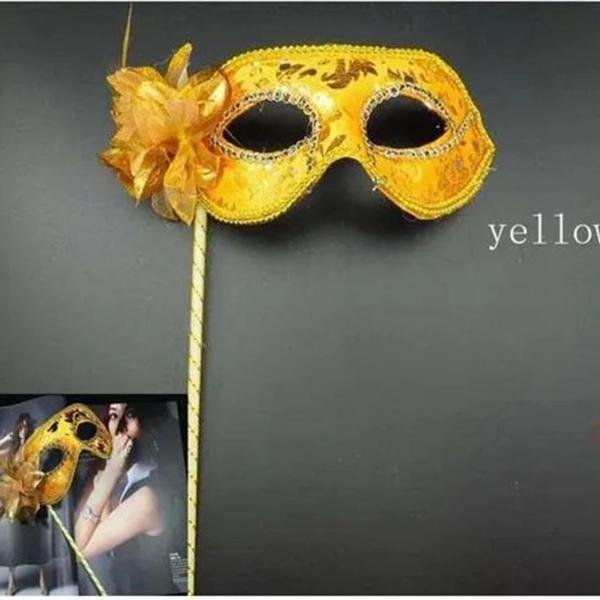 Lüks Taşlı Saplı Maskeli Balo Maskesi Altın Renk 35 Cm