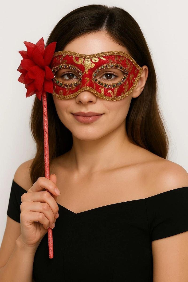 Lüks Taşlı Saplı Maskeli Balo Maskesi Kırmızı Renk 35 Cm