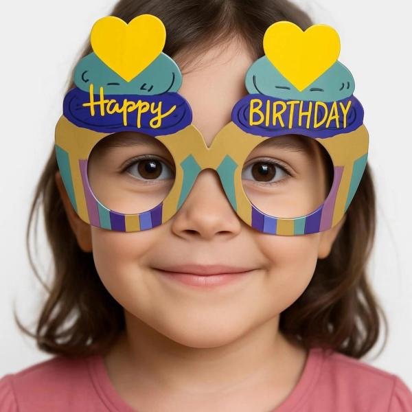 Cupcake Temalı Doğum Günü Renkli Karton Happy Birthday Gözlüğü 6 Adet